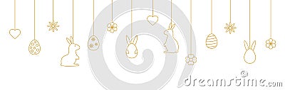 Happy Easter banner with hanging baubles. Holiday background with bunny, eggs, flowers, hearts line art icons. Happy Vector Illustration