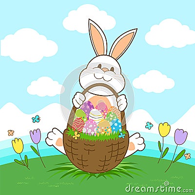Happy Easter banner with Rabbit and Easter eggs illustration vector Vector Illustration