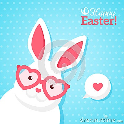 Happy Easter Banner with White Hipster Rabbit Vector Illustration