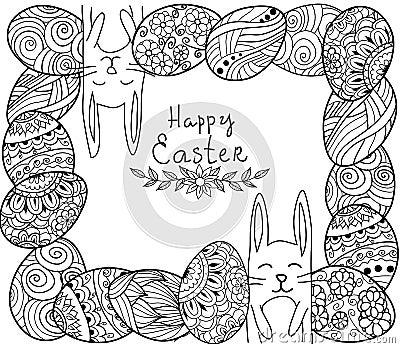 Happy Easter banner. Zen tangle eggs with decorative ornamental elements,rabbits,bunny. Vector Illustration