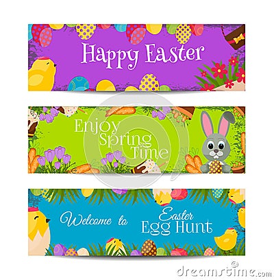 Happy Easter banners set with Colorful Eggs, Yellow Chick ,Crocus, Cake, Bunny Rabbit,Carrots,bouquet of flowers,Basket.Spring Hol Stock Photo