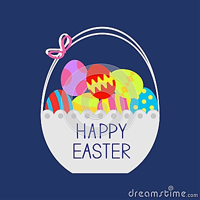 Happy Easter. Basket full of colored eggs. Flat design Vector Illustration