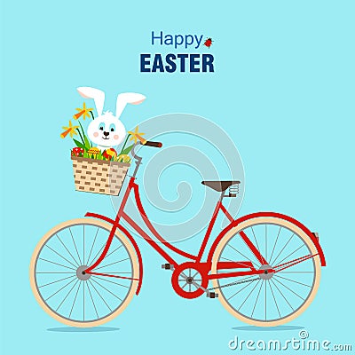 Happy Easter and bike with rabbit. Stock Photo