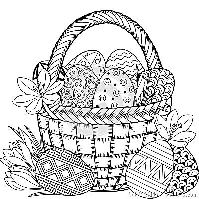 Happy Easter. Black and White Doodle Easter Eggs in the basket. Coloring book for adults for relax and meditation. Vector isolated Vector Illustration