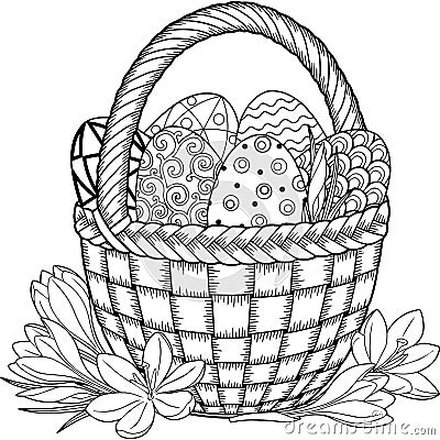 Happy Easter. Black and White Doodle Easter Eggs in the basket. Coloring book for adults for relax and meditation. Vector isolated Vector Illustration