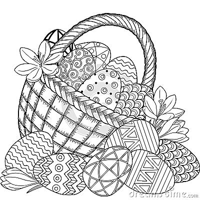 Happy Easter. Black and White Doodle Easter Eggs in the basket. Coloring book for adults for relax and meditation. Vector isolated Vector Illustration