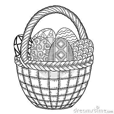 Happy Easter. Black and White Doodle Easter Eggs in the basket. Coloring book for adults for relax and meditation. Vector isolated Vector Illustration