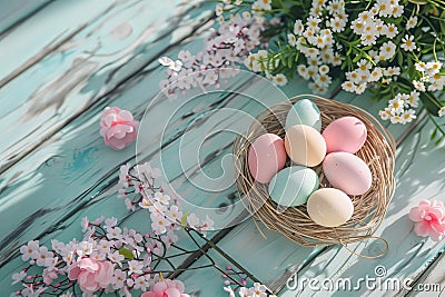 Happy easter bleeding hearts Eggs Bunny Tracks Basket. White barbecues Bunny Tropical blossom. Bright colors background wallpaper Cartoon Illustration