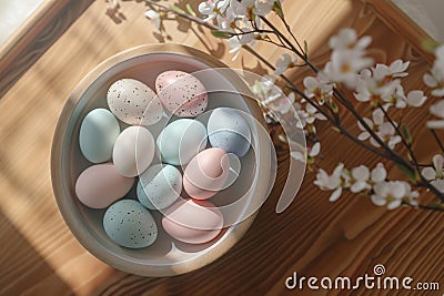 Happy easter Blossom Eggs Easter Jubilation Basket. White mint green Bunny Encouragement Card. Reflection background wallpaper Cartoon Illustration