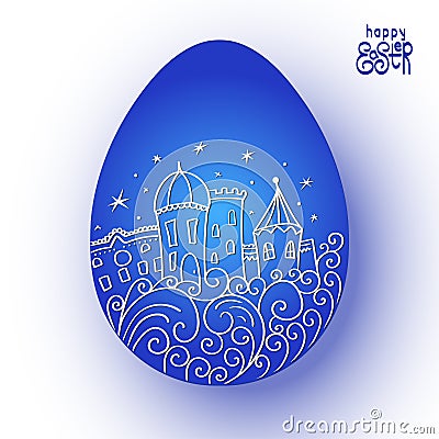 Happy Easter. Blue Easter egg with town pattern. Houses, stars, stylized waves. Vector illustration Vector Illustration