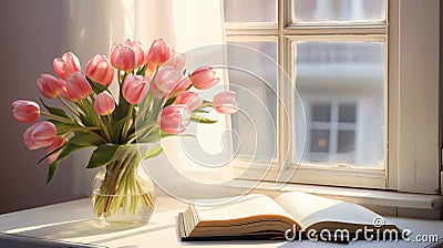 Happy Easter. Bouquet of pink tulip in the clear glass with opened book near window Generative AI Stock Photo
