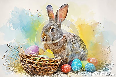 Happy easter bright Eggs Energetic Basket. White fable Bunny Easter graphics. Feasting background wallpaper Cartoon Illustration