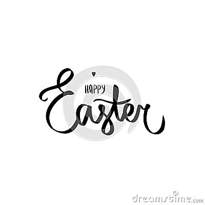 Happy easter brush hand lettering on white background. Holiday greeting card or postcard. Vector sign with little black heart. Vector Illustration