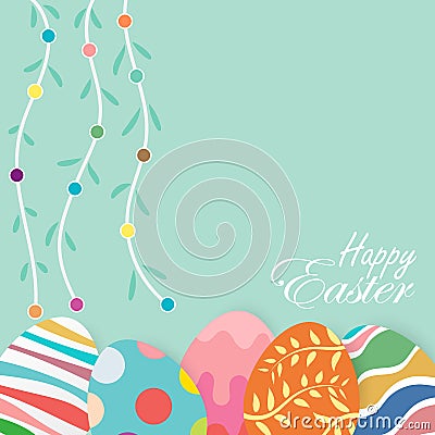 Happy Easter! Easter bunnies and easter eggs. colorful eggs. Wide copy space for text. Vector illustration Cartoon Illustration