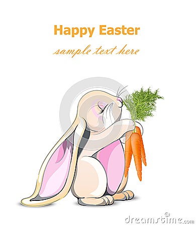 Happy Easter bunny card Vector. Cute rabbit holding carrots Cartoon character Vector Illustration