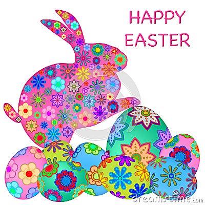 Happy Easter Bunny Rabbit with Colorful Eggs Stock Photo