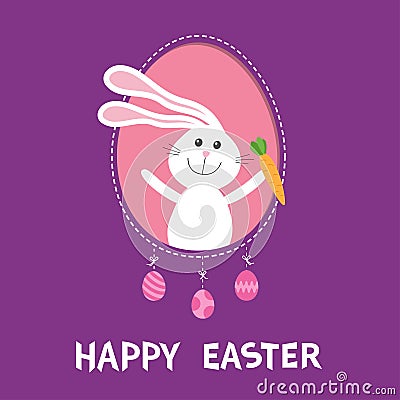 Happy Easter. Bunny rabbit hare holding carrot inside frame window. Dash line contour. Hanging painted egg set. Cute cartoon chara Vector Illustration