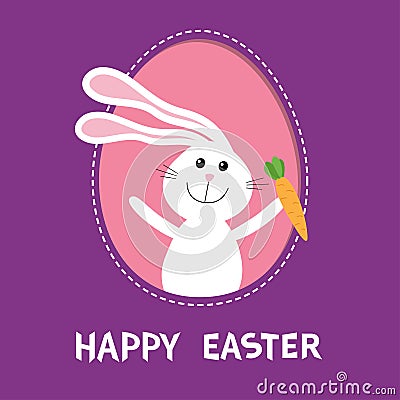 Happy Easter. Bunny rabbit hare holding carrot inside painted egg frame window. Dash line contour. Cute cartoon character. Baby gr Vector Illustration