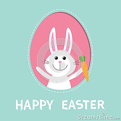 Happy Easter. Bunny rabbit hare holding carrot inside painted egg frame window. Dash line contour. Cute cartoon character. Baby gr Vector Illustration