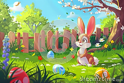 Happy easter bunny tail Eggs Bunny Basket Basket. White rose bud Bunny cartoon. Typography area background wallpaper Cartoon Illustration