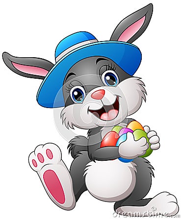 Happy easter bunny wearing a hat carrying eggs Vector Illustration