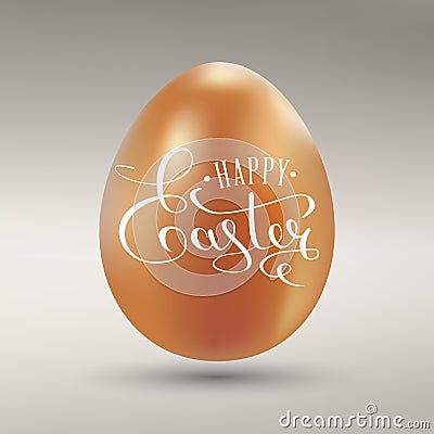 Happy Easter calligraphy inscription on the golden egg. Congratulatory banner with Easter decor. Realistic vector object 10 EPS Stock Photo