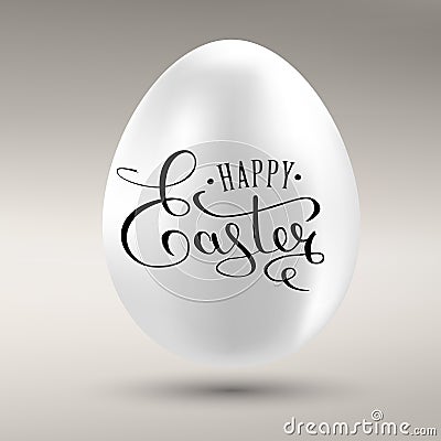 Happy Easter calligraphy inscription on the golden egg. Congratulatory banner with Easter decor. Realistic vector object 10 EPS Stock Photo