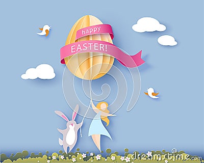 Happy Easter card with banny, girl and egg Vector Illustration
