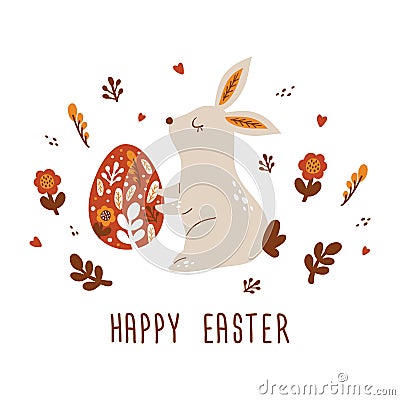 Happy Easter card with Bunnies, Easter eggs, flowers in trendy style. Folk art. Vector Vector Illustration