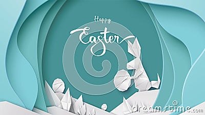 Happy Easter card with bunny rabbit shape, eggs on colorful modern pastel background. Copy space for text vector illustration with Vector Illustration