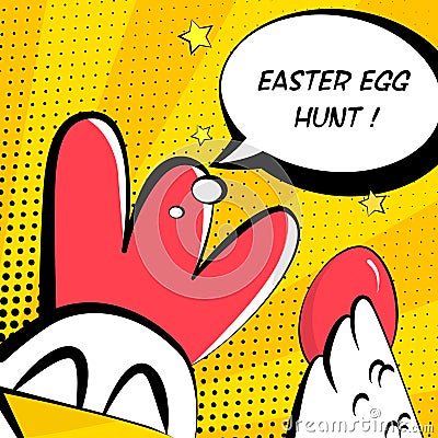 Happy Easter card with cock, golden egg and text cloud. Comics style Vector Illustration