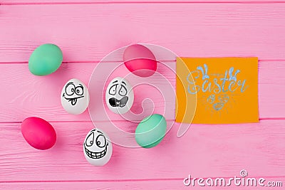 Happy Easter card and colorful eggs. Stock Photo