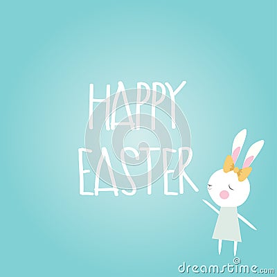 Happy Easter card cute bunny rabbit wearing bow dress blue background Vector Illustration