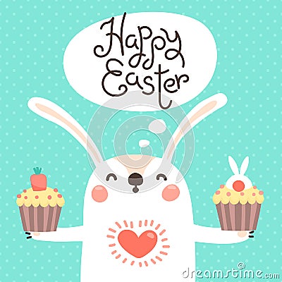 Happy Easter card with cute bunny. White rabbit with Easter cupcake. Vector illustration Vector Illustration