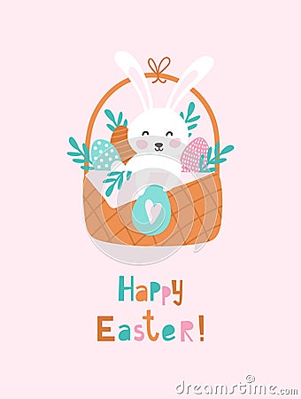 Happy easter card with cute rabbit. Vector illustrations Vector Illustration