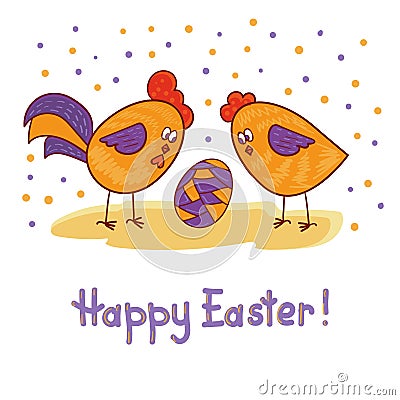 Happy Easter card with cute rooster, hen and egg. Vector Illustration