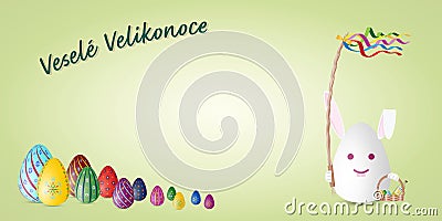 Happy Easter card in Czech language with painted Easter eggs and rabbit with pomlazka Cartoon Illustration