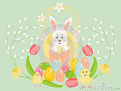 Happy Easter card. Easter bunny in a wicker basket, chicken, duckling, eggs, willow, flowers, tulips, daffodils. Vector Illustration