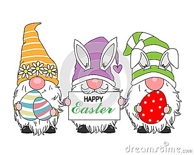 Happy easter card. Gnomes with easter eggs. Vector Illustration