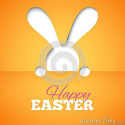 Happy easter card with hiding bunny and font on orange paper background Vector Illustration