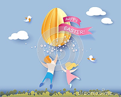 Happy Easter card with kids, flowers and egg Vector Illustration