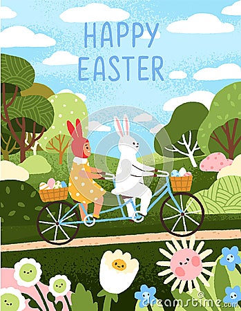 Happy Easter card. Kids postcard design for spring holiday. Cute bunny, fairy rabbit, kawaii fairytale character and Vector Illustration