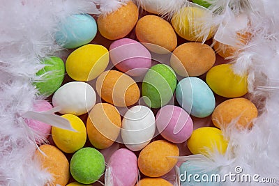 Happy Easter! Easter card with a picture of a nest of colored eggs of hen Stock Photo