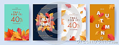 Autumn Sale background, banner, or flyer design. Set of colorful autumn posters with bright beautiful leaves frame Vector Illustration