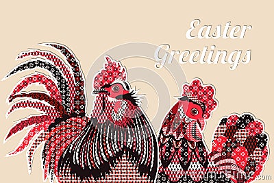 Happy Easter card with rooster and chicken Vector Illustration