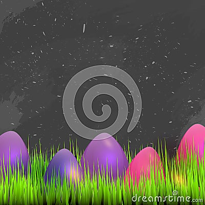 Happy Easter Card with space for text, Grass on dark chalkboard with colorful eggs. Vector illustration Vector Illustration