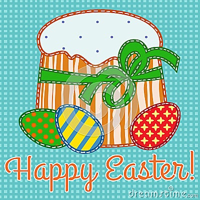 Happy Easter vector card stylized applique on fabric with easter eggs and cake. Vector Illustration