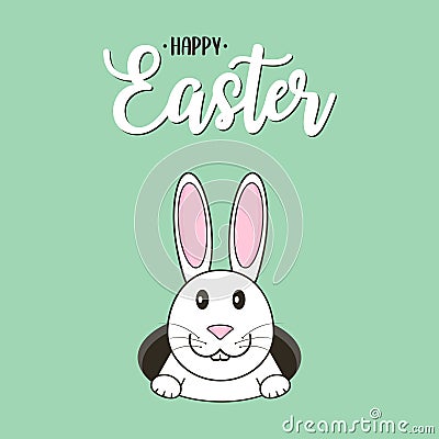 Happy Easter text lettering with Easter bunny looks out of the hole - hunts eggs. Typography graphics for card, poster, banners. Vector Illustration