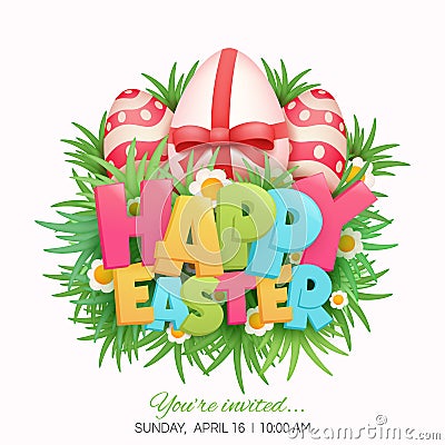 Happy Easter Card title with Eggs, Grass, Flowers Cartoon Illustration