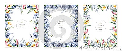 Happy Easter cards with herbal twigs and branches wreath and corners border. Rustic vintage bouquets with fern frons, mistletoe Stock Photo